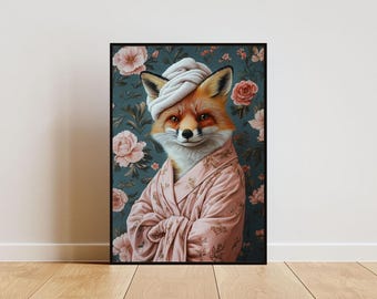 Fuchs im Bademantel Poster, Tier Poster, Fuchs Badezimmer Poster, Tier Wandkunst, Fuchs Porträt, Tier Badezimmer Poster, lustiges Fuchs Poster, Mr Fox