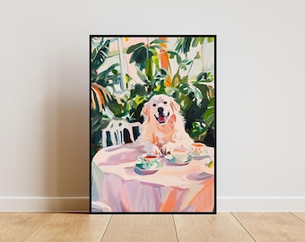 Póster retro de los Grandes Pirineos, pintura al óleo de los Grandes Pirineos, póster vintage de los Grandes Pirineos, arte mural para comedor de perros, póster retro de perros, arte para mascotas