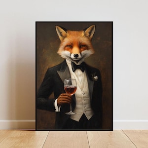 May include: A painting of a fox wearing a tuxedo and holding a glass of red wine. The fox has a bow tie and a white vest. The background is a dark brown color.