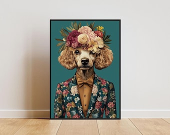 Poodle In Suit Poster, Poodle Portrait, Poodle Oil Painting, Animal Head Human Body Poster, Dog Poster, Pet Wall Art, Funny Poodle Wall Art