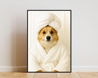 May include: Framed print featuring a Corgi dog wearing a white spa robe and a matching towel on its head. The dog has a light brown and white coat and is looking directly at the viewer. The background is a light beige color.