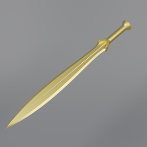May include: A golden sword with a long, double-edged blade and a detailed hilt. The sword is angled diagonally against a gray background, showcasing its polished surface and design. The overall aesthetic suggests a historical or fantasy theme.