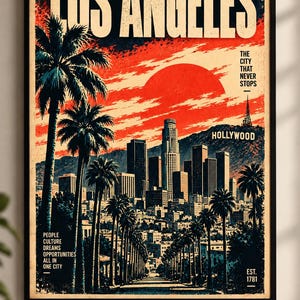 Peut inclure: Une affiche encadrée de Los Angeles avec un coucher de soleil rouge sur les gratte-ciel, des palmiers et le texte : LOS ANGELES, THE CITY THAT NEVER STOPS, HOLLYWOOD, PEOPLE CULTURE DREAMS OPPORTUNITIES ALL IN ONE CITY, et EST. 1781.