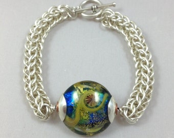 Art Glass Chainmail Bracelet  with Ocean Theme