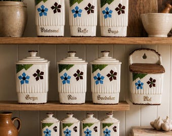 Vintage Danish Kitchen Canister Set | 10-Piece Hand-Painted Ceramic | 1920s Scandinavian Pantry Collection