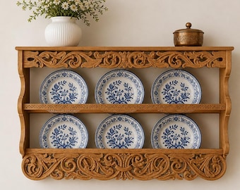 Prateleira de parede vintage de madeira para pratos | Expositor de louças para cozinha estilo fazenda | Decoração de arte folclórica escandinava esculpida à mão