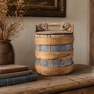 May include: A cylindrical wooden bucket with a weathered blue and natural tan finish. The container features three horizontal wooden bands wrapping around the body and a top lid with a carved handle displaying decorative scrollwork details.
