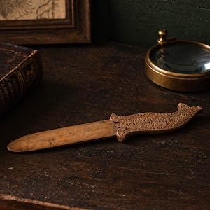 Antique Letter Opener 1895 | Norwegian Carved Wood Knife | Dragon Handle Folk Art | Nordic Desk Decor | Viking Style Collectible