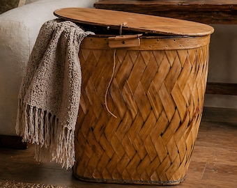 Cesta de estilo vintage / Cesta de abedul tejida Adirondack / Cesta de almacenamiento rústica / Cesta para mantas / Decoración para la entrada de la cabaña