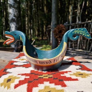 Antique Norwegian Ale Bowl | Dragon Head Kjenge | Hand Carved Wood Folk Art | Painted Scandinavian Bowl | Turquoise Rosemaling Decor