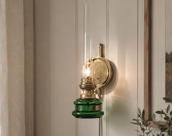 Vintage Kosmos Öllampe | Umgenutzte Elektrik Wandlampe | Grünes Glas Messing Beleuchtung | Skandinavische Antike Lampe | Nordische Volkskunst