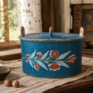 Antique Norwegian Bentwood Box | Hand Painted Rosemaling Tine | Primitive Folk Art | Blue Pantry Box | Scandinavian Decor