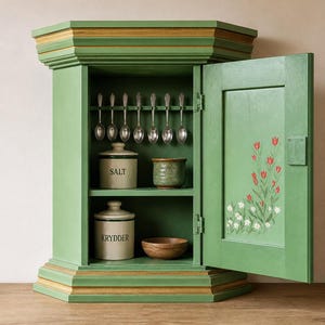 May include: A green wall-mounted cabinet with gold trim and a single door. Inside, there's a shelf with jars labelled "SALT" and "KRYDDER", a small wooden bowl, and a ceramic cup. The door is adorned with a floral pattern. The cabinet is likely made of wood.
