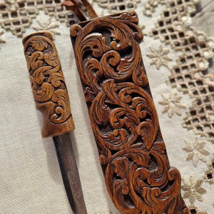 Rare Norwegian Hand Carved Knife | Acanthus Carving & Mora Blade | Folk Art Collectible | Rustic Nordic Decor | Traditional Wood Craft