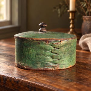 Antique Green Bark Box with Wooden Lid | Rustic Oval Keepsake Box | Primitive Storage & Cottage Decor