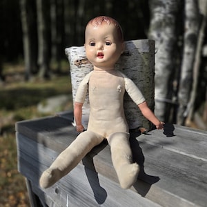 Antique 1930s–1940s Composite Doll | Unmarked American Vintage Doll | 18&quot; Tall with Cloth Body & Sleep Eyes