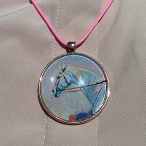 Grey Horse Pendant Necklace – Pink & Lilac Glass Cabochon, 24” Cord – Equestrian Jewelry