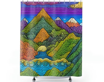 Shower Curtains Mountains, Mountainscape, landscape, colorful, water, sky, beautiful, bathroom accessories