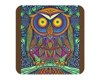 Coasters (50, 100 pcs) owls, owl, colorful owl, bright, colorful, furniture saver, beautiful, vibrant, birds, kitchen accessories