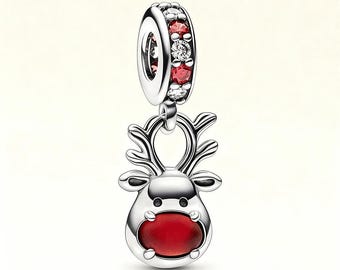 Colgante de reno de nariz roja de Murano para Pandora, ALE, plata de ley S925, con bolsita y caja de regalo.