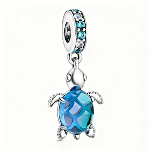 Per Pandora Ciondolo a forma di tartaruga marina in vetro di Murano blu, ciondolo in argento sterling S925 con sacchetto regalo e scatola regalo