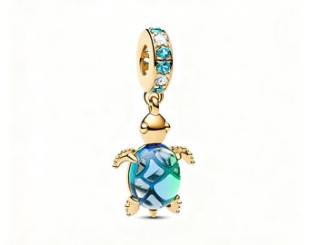 For Pandora Gold Sea Turtle Murano Glass Blue Dangle Charm ALE S925 Sterling Silver Pendant With Gift Pouch & Gift Box