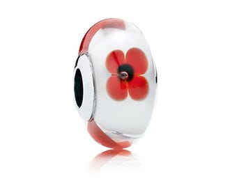 Per Pandora, ciondolo a forma di papavero rosso in vetro di Murano, argento sterling ALE S925 con sacchetto regalo e scatola regalo