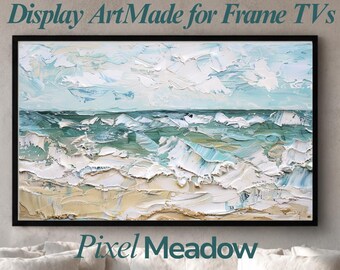 Arte para TV Samsung Frame con diseño de olas oceánicas costeras, pintura marina con técnica impasto, arte playero texturizado, decoración bohemia natural, descarga digital.