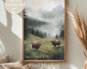 Bovins Highland dans les Monts Brumeux | Décoration murale Moody des Highlands écossais | paysage vintage imprimable | Impression en téléchargement numérique