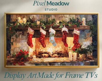 Bas de cheminée de Noël Samsung cadre art TV, empâtement vacances nature morte, art mural de Noël traditionnel confortable, téléchargement numérique