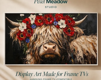 Cadre d'art vache Highland empâtement en téléchargement numérique | Art mural occidental | Taureau hirsute | Décoration western patriotique américaine | 4K