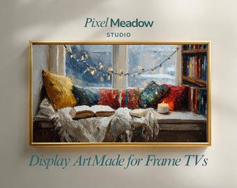 Coin lecture confortable Samsung cadre TV Art, empâtement hiver nature morte, art mural de Noël Light Academia, téléchargement numérique