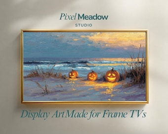 Décoration estivale | citrouilles d'Halloween sur la plage, coucher de soleil d'Halloween sur la côte | Art effrayant d'empâtements d'été | Déco pour téléviseur avec cadre Samsung