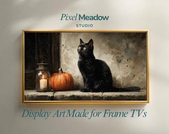 Décoration de chat sorcière | Nature morte au chaton noir, à la citrouille et à la bougie | Art d'Halloween d'automne de mauvaise humeur | Cadre pour téléviseur Samsung à téléchargement numérique