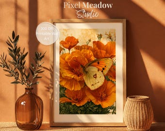 Impression botanique papillon pavot | Art mural vintage | Fleur d'août, mois de naissance imprimable | Impression en téléchargement numérique