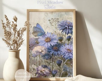 Impression botanique papillon aster | décoration murale vintage fleurs sauvages | Fleur de septembre, mois de naissance à imprimer | Impression en téléchargement numérique
