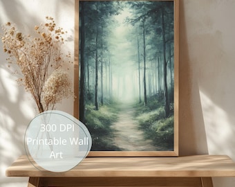 Peinture à l'huile de chemin forestier brumeux | Décoration murale Moody Woodland | Bains de forêt vintage à imprimer | Impression en téléchargement numérique