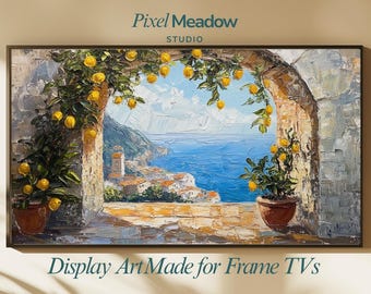 Impasto Côte amalfitaine Cadre pour téléviseur Art italien Terrasse Citronnier | Samsung Cadre pour téléviseur Paysage côtier méditerranéen | Téléchargement numérique 4K