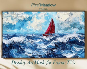 Pintura de velero / Impasto rojo costero / Frame TV Descarga digital / Arte de pared Samsung Artful Summer Ocean