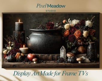 Witch Cauldron Still Life TV Art, Dark Moody Halloween Decor, Witchy Frame TV Art, Gothic Botanical Samsung Frame TV Art