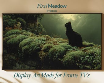 Chat noir sur mur de pierre en téléchargement numérique, paysage botanique lunatique, art gothique de la nature, art de la TV cadre Samsung Cottagecore sombre