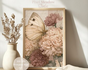 Chrysanthemum Butterfly Botanical Print | Cottagecore Wall Art | November Birth Flower Printable | Digital Download Print
