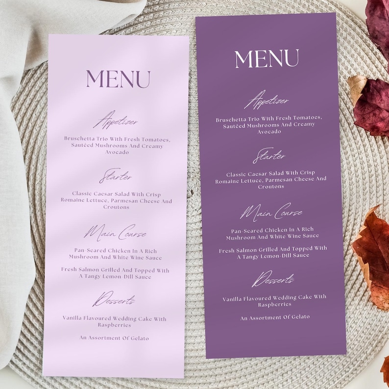 Purple Wedding Menu Card Template, Printable Tall Dinner Menu, Editable ...