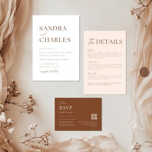 May include: A wedding invitation suite with a minimalist design. The invitation card is white with brown text and features the names "Sandra and Charles" and the wedding date "August 20th, 2024". The details card is peach with brown text and includes information about the wedding ceremony and reception. The RSVP card is brown with white text and a QR code.