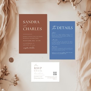 Brown Blue Wedding Invitation Set Template, Minimalist Invitation QR Suite, Modern Invite Bundle, Dusty Blue Invite, Editable Boho Templates