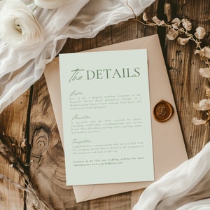 Sage Green Minimalist Wedding Details Template, Modern Itinerary, Dusty Green Program, Printable Enclosure Card, Custom Olive Green Timeline