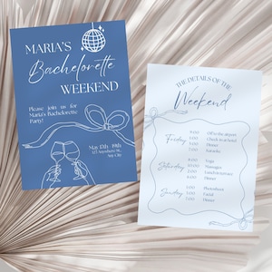 Bachelorette Weekend Invitation Template, Printable Hen Party Program, Hand Drawn Bachelorette Invitations, Custom Dusty Blue Bach Itinerary