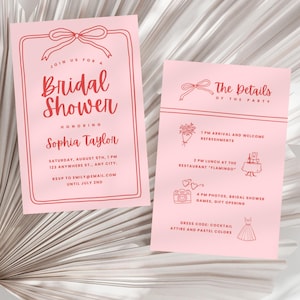 Peut inclure: Deux cartons d'invitation roses pour une fête prénuptiale, avec du texte rouge et des motifs de nœuds. L'invitation de gauche annonce une « Bridal Shower » avec les détails de l'événement. La droite détaille le programme.
