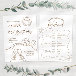 May include: Two-page invitation with a brown outline design. The left page says "MARIA'S 21st Birthday" with event details. The right page lists weekend activities. Includes a disco ball, bow, and two wine glasses.