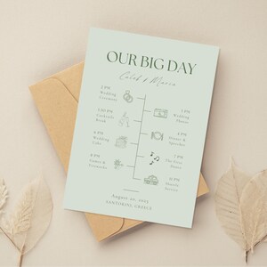 Light Green Wedding Timeline Template, Minimalist Itinerary Card, Dusty Green Program, Printable Enclosure Card, Custom Olive Green Timeline